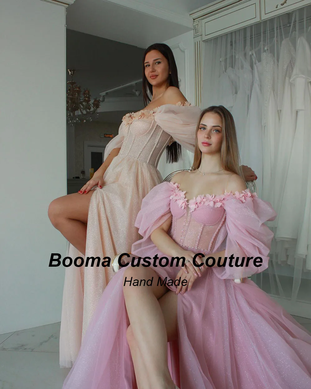 Booma Gillter A Line Long Prom Dresses Sweetheart Off Shoulder 3D Flowers Evening Party Dresses Leg Slit Formal Occasion Gowns