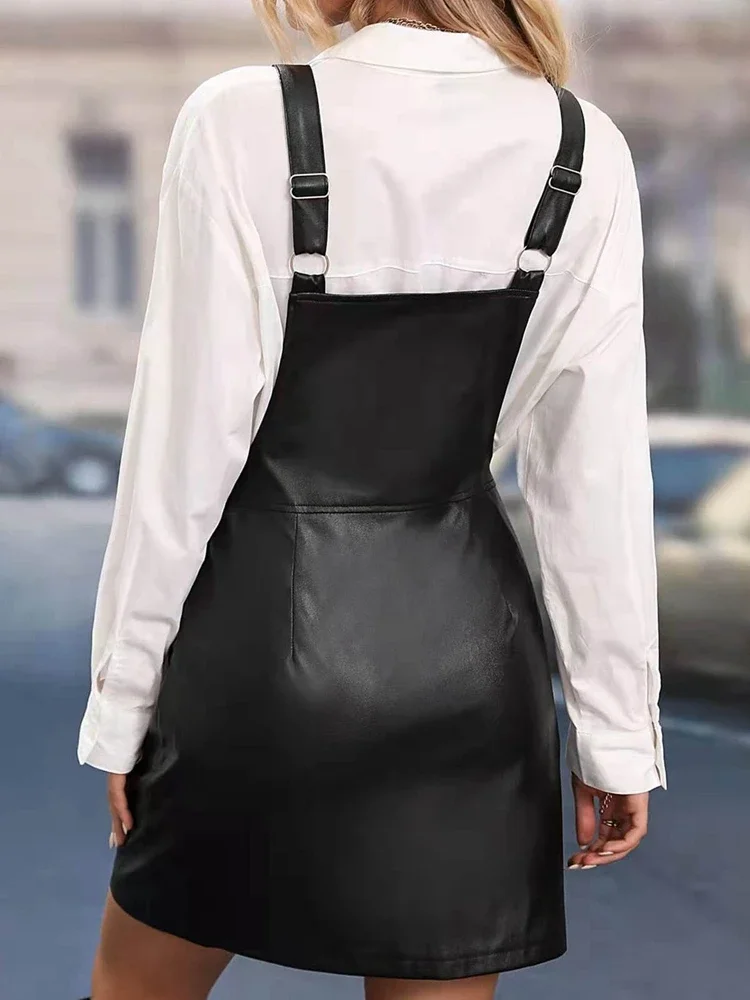 Casual Adjustable Strap PU Leather Dress Women Suspender Overall Dress With Pocket Straight Skirt Party Costume Summer Custom