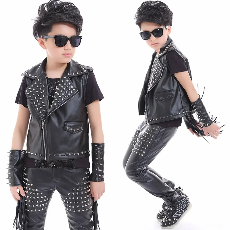 Boys Hip Hop Dance Jazz Stage Costumes For Kids Studded Black Leather Pants Jacket Vest Stage Performance Wear Clothes