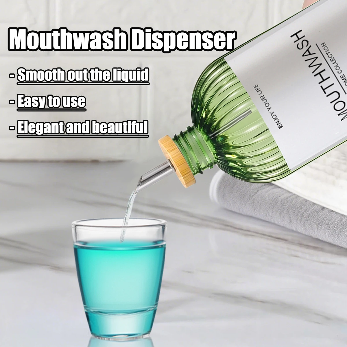 1set Clear Mouthwash Dispenser for Bathroom, Reusable Mouth Wash Bottle, Glass Cup and DIY Tag Farmhouse Decor