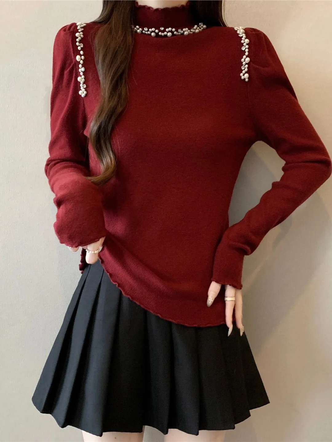 

Длинный вязаный свитер винно-красного цвета с бусинами свека, женский осенний свитер большого размера, моющийся базовый слой, топ