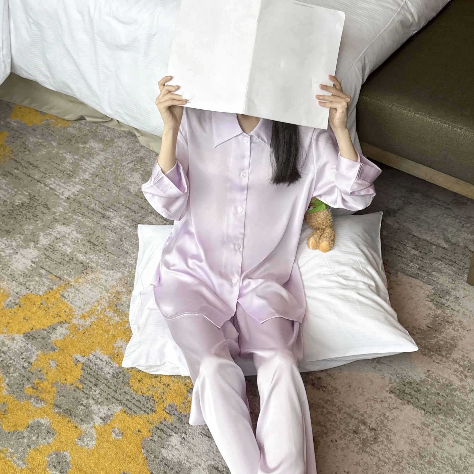 Summer Autumn Purple Pijamas Suit Female Pajamas Set Long Sleeve Sleepwear Loungewear Women Silky Satin Nightwear Homewear image 4