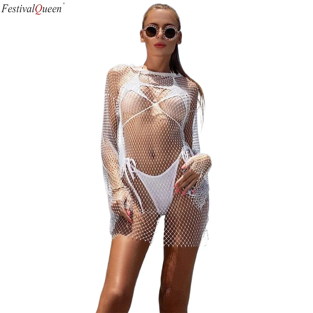 FestivalQueen Rhinestone Mesh Dress Sexy Long Sleeve Hollow Out Sheer Dress For Club & Party Women's Clothing