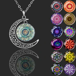 Mandala Necklaces Buddhist Meditation Jewelry Datura Flower of Life Crescent Moon Pendant Necklace for Women Men Lucky Gift