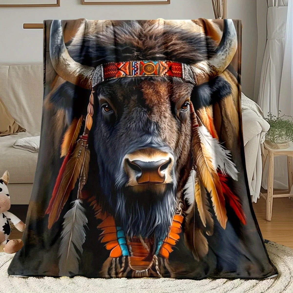 1 بطانية من الفلانيل بعصابة رأس من ريش الجاموس الأمريكي الأصلي - دافئة وناعمة، مناسبة للأرائك والأسرة وغرف المعيشة والمكاتب،