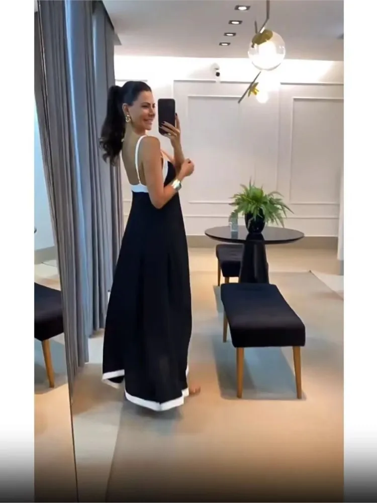 

New Summer Elegant Contrast Color V-neck Long Back-length Suspender Dresses Women Fashion Casual Sleeveless Loose Party Dress