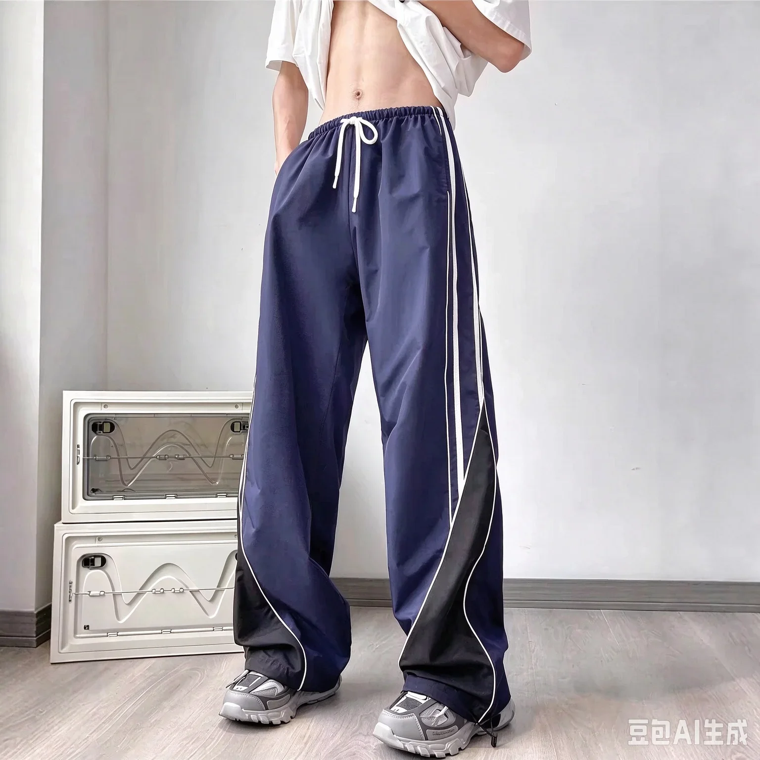 Heißer Verkauf Unisex gebogene weiße Seitenstreifen-Fallschirmhose mit weitem Bein, lockere Baggy-Hose für Herren, Hip-Hop-Streetwear, lässige Sporthose – Detail 7