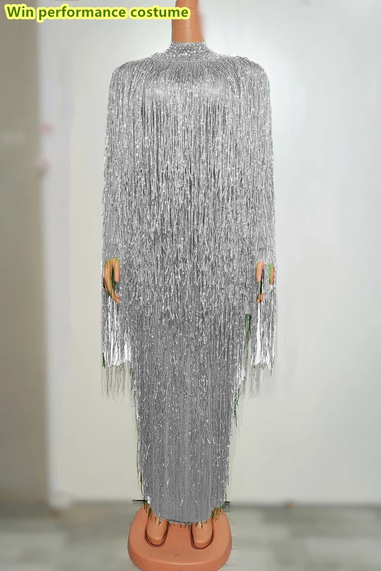 Lion-Vestido largo con borlas de diamantes de imitación multicolores, vestido Sexy para fiestas, clubs nocturnos, bares, actuaciones en escenario, disfraces