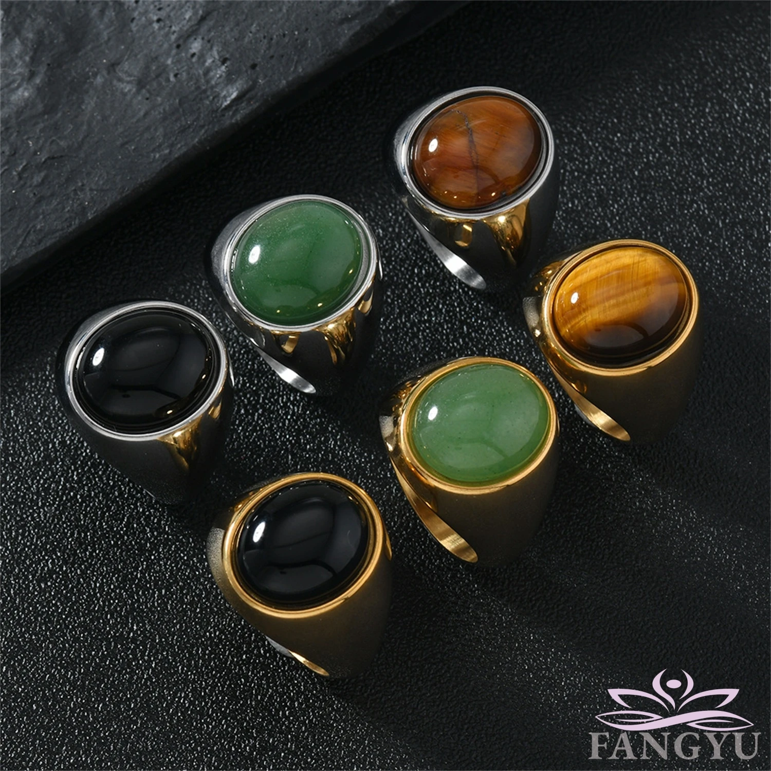 Masculine Green Jade Tiger's Eyes Agate Gemstones Titanium Rings for Men Stainless Steel Big Solid Finger Bands Vintage Jewelry