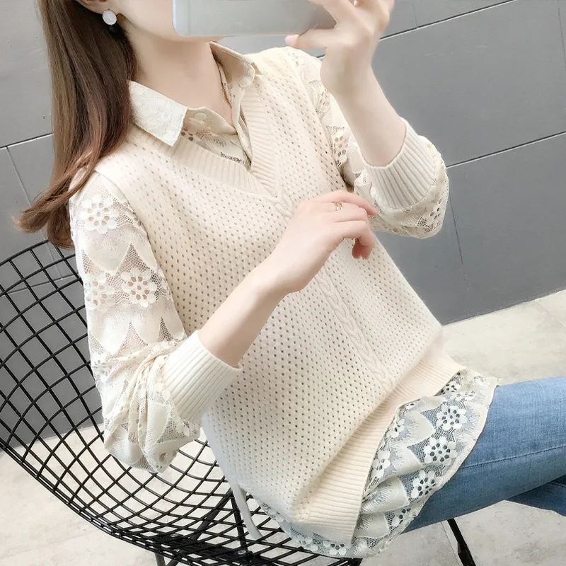 

Slimming Pure Color Knitted Vest And Sweater Set Women's Faion Early Autumn Gentle Sle Long Sve V-Ne Double Button
