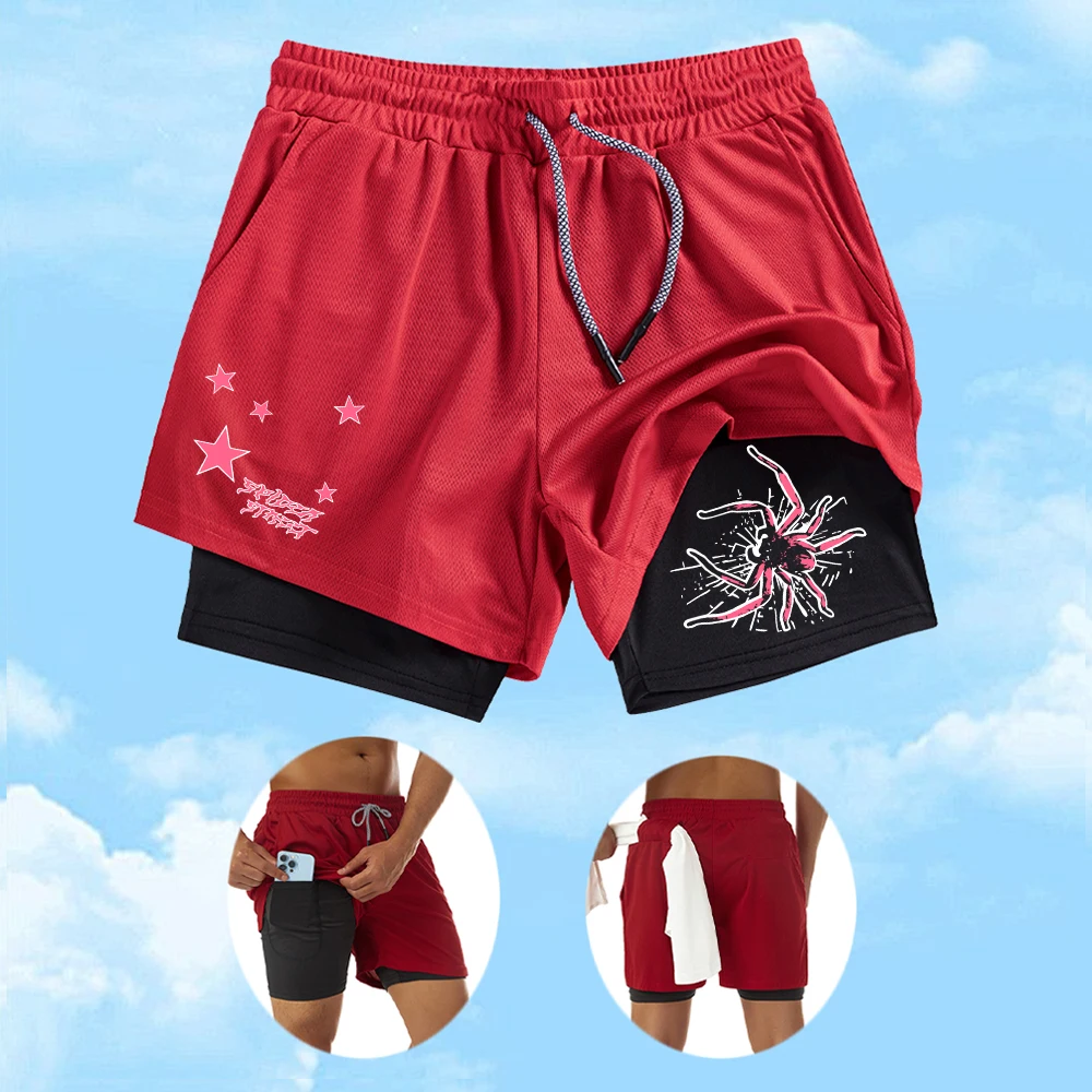 

Men's Quick Drying Double Layer Fitness Shorts Pink Spider Text Print Casual Beach Shorts With Towel Loop And Inner Phone Pocket