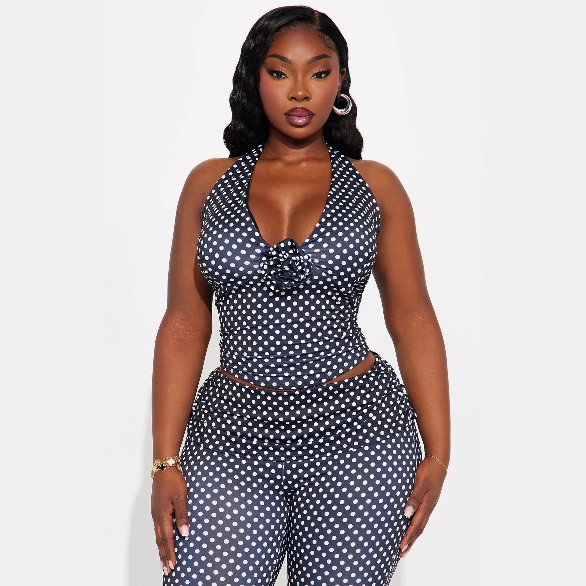 欧米風新作クロスボーダーファッション水玉スリムフィットセクシーネックストラップショートベストトップクロップドパンツスーツ女性用