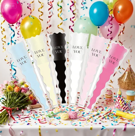 50 Uds. Bolsas de rosas individuales para el Día de la madre de San Valentín, ramo de flores con patrón ondulado de sirena, bolsa de celofán para regalo, bolsa de papel para envolver