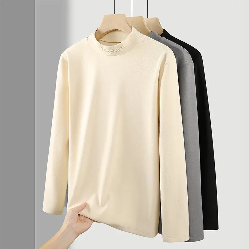 

Men T-shirt Long Sleeve 2024 Autumn Winter Keep Warm Tees Solid Color Bottoming Shirt Half Turtleneck Male Casual Tops L-8XL