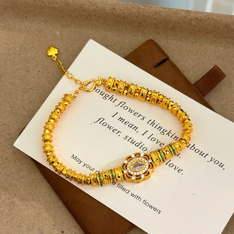 Light Luxury Vintage 9999 24K Real Gold Dot Diamond Oval Bouncy Bead Watch Chain Wrapped Flowers Shiny Gift Bracelet Women