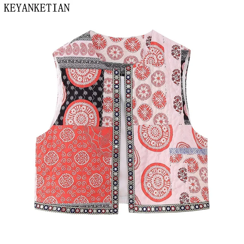 KEYANKETIAN Ethnic Style Color Matching Embroidered Printed Waistcoat Women Autumn Thin O Neck Vintage Sleeveless Coat Top