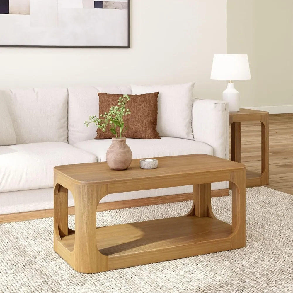 

Coffee Table, Solid Wood 40 Inch Modern Coffee Table With Shelf, Contemporary Center Table