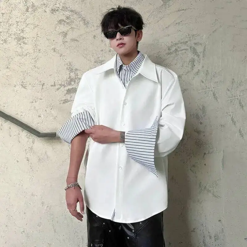Striped Design Men's Shirts Lapel Fake Two-piece Casual Long Sleeved Shoulder Padded Loose Male Zipper Tops Niche 9W3F51