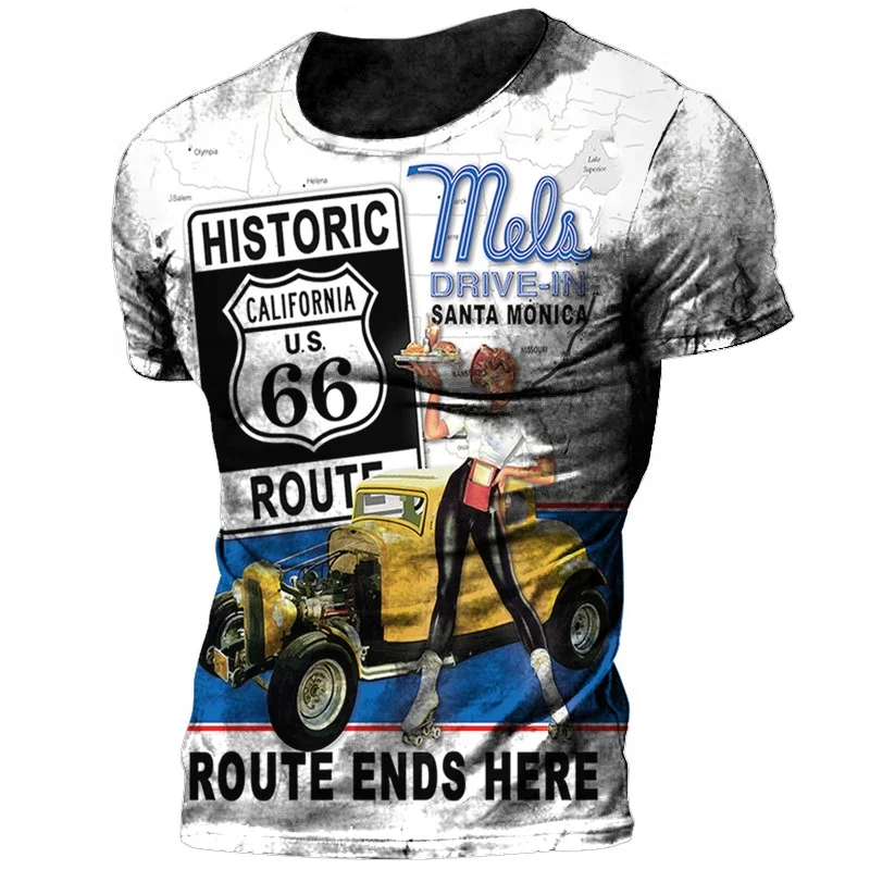 

Summer Fashion Vintage 66 Route Men 3d Printed T-shirt for Biker Motor Men's T Shirts Oversized Short Sleeve T Shirt