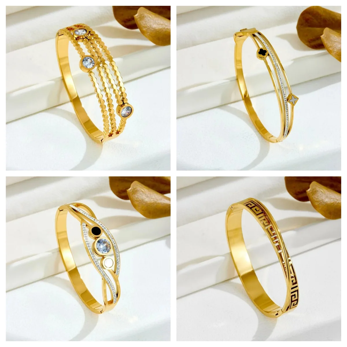 

3pcs Wholesale 18K Gold Bangles With Diamond - encrusted Initials Stainless Steel Exquisite Elegant Jewelry Women Accessories