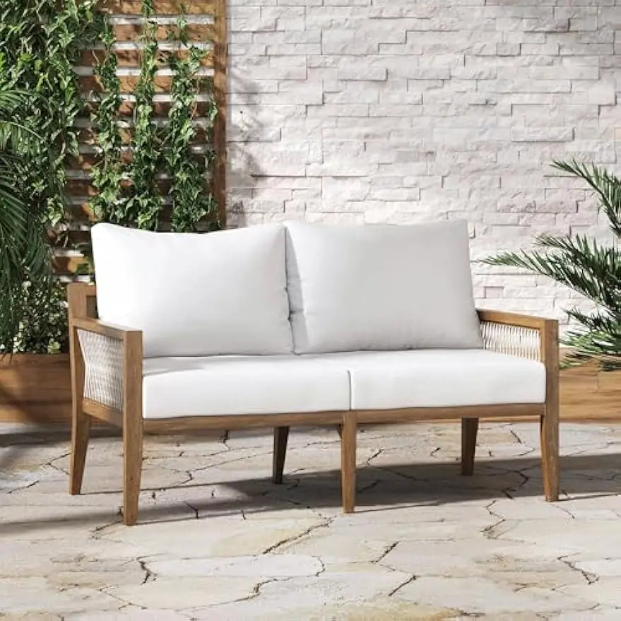 

Freya Bohemian Wood Loveseat, Upholstered Loveseat Sofa for Patio, Solid Acacia Wood Frame, White/Light Brown