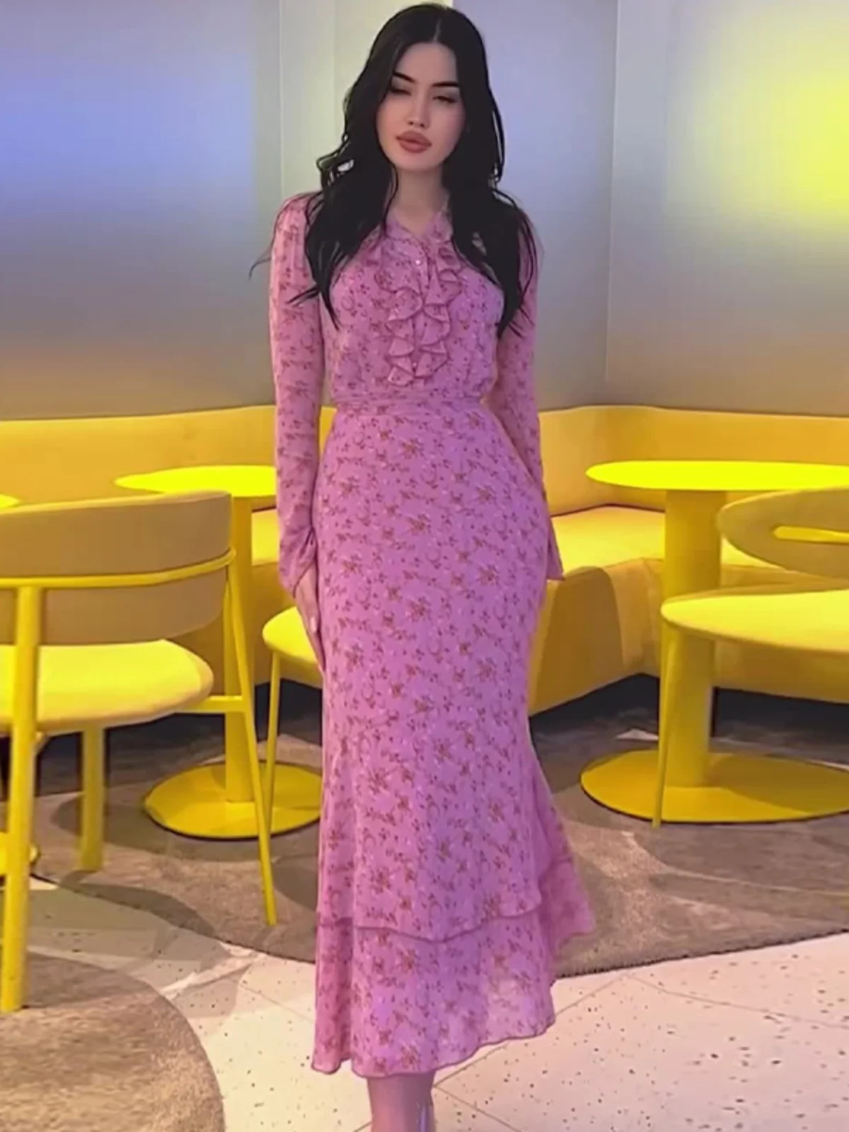 Ele col en dentelle imprimé taille Dr Faionable imprimé fleuri minceur jupe longue tissu Polyester régulier Sve rond Ne