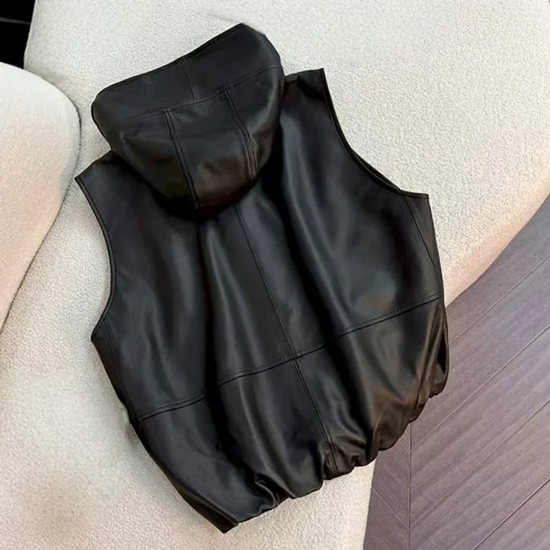 

Европейский жилет из искусственной кожи с капюшоном, женский ранний осенний жилет больших размеров, свободный утягивающий жилет, модный жилет небольшого размера