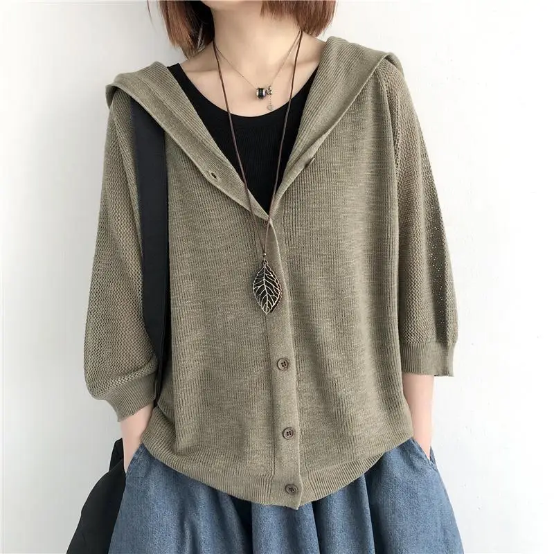 Knitted cardigan outerwear for women\'s spring and summer new solid color loose oversized hooded top with thin cut out 7/4 sleeve