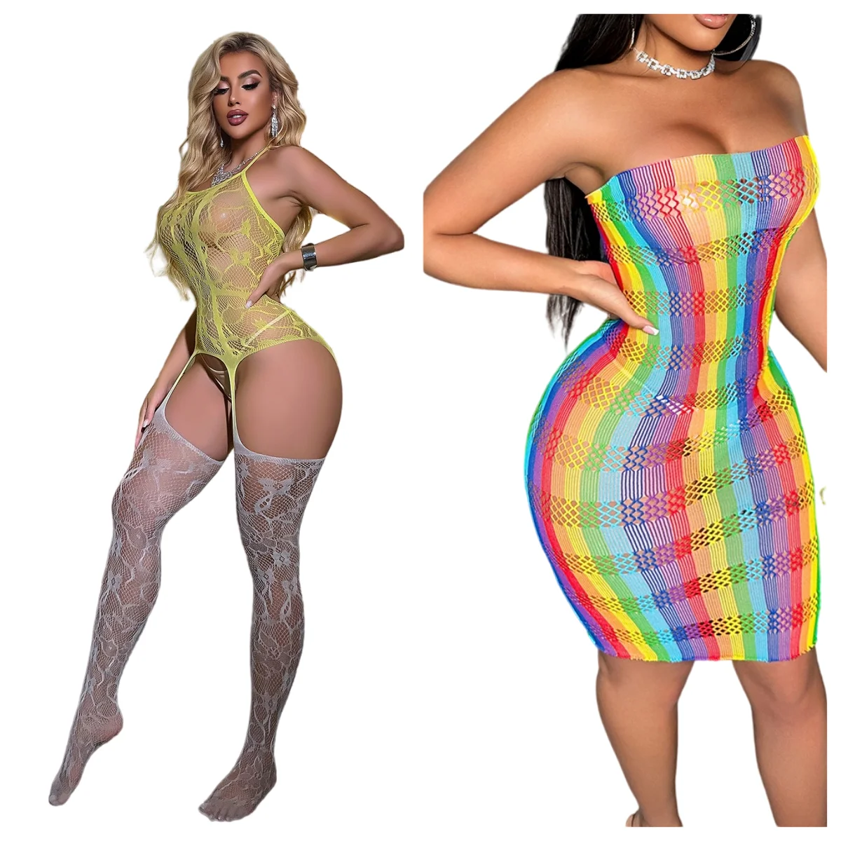 Fashion Rainbow-colured Stripes Bodysuit Woman Sexy Lingerie Sheer Curve-Hugging Dress Colorful Fishnet Bodystocking Sexy Set