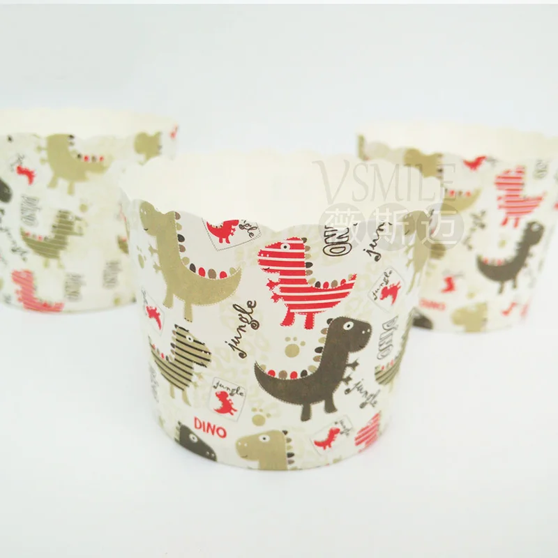 100pcs Food Grade Paper Cupcake Baking Cup Case Maker Molds, Kitchen Disposable Cake Tools Dinosaur Design High Quality