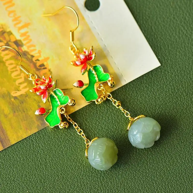 

Natural Nephrite White Jade Earrings Women Fine Jewelry Genuine Chinese Hetian Jade Enamel Lotus Flower Pendant Earrings