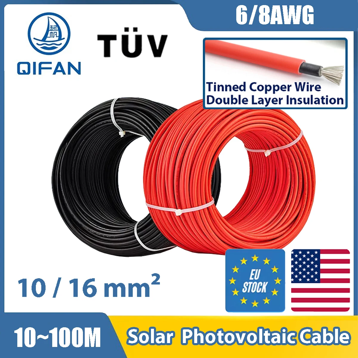 

Solar Power Cable 10 16mm2 Wire Photovoltaic TÜV TUV Cable 6 8 AWG For PV Panels Connection Red Black PVC Double Layer