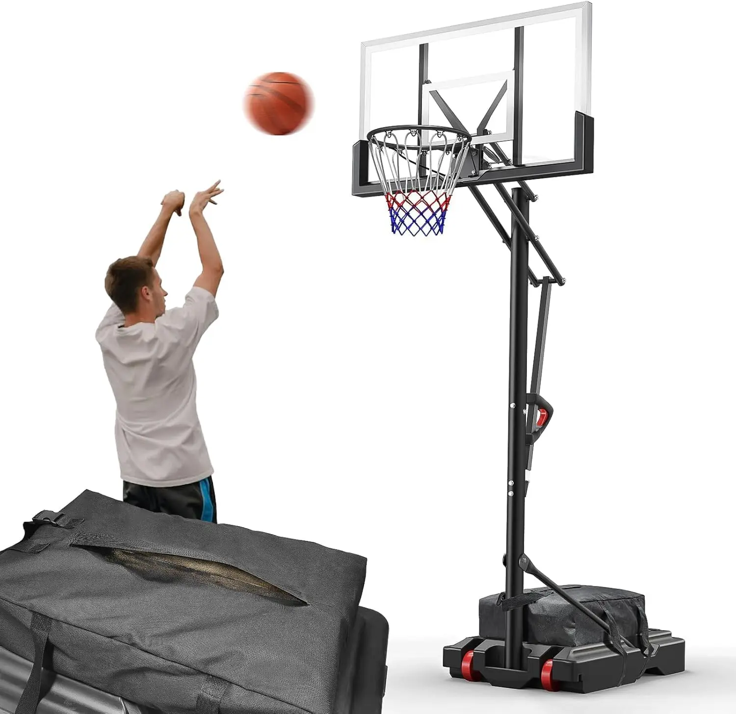 

Basketball Hoop with Sandbag Storage Bag,Adjustable Height 7.6-10FT for Indoor Outdoor Basketball Game, 44 inch Backboard and 18