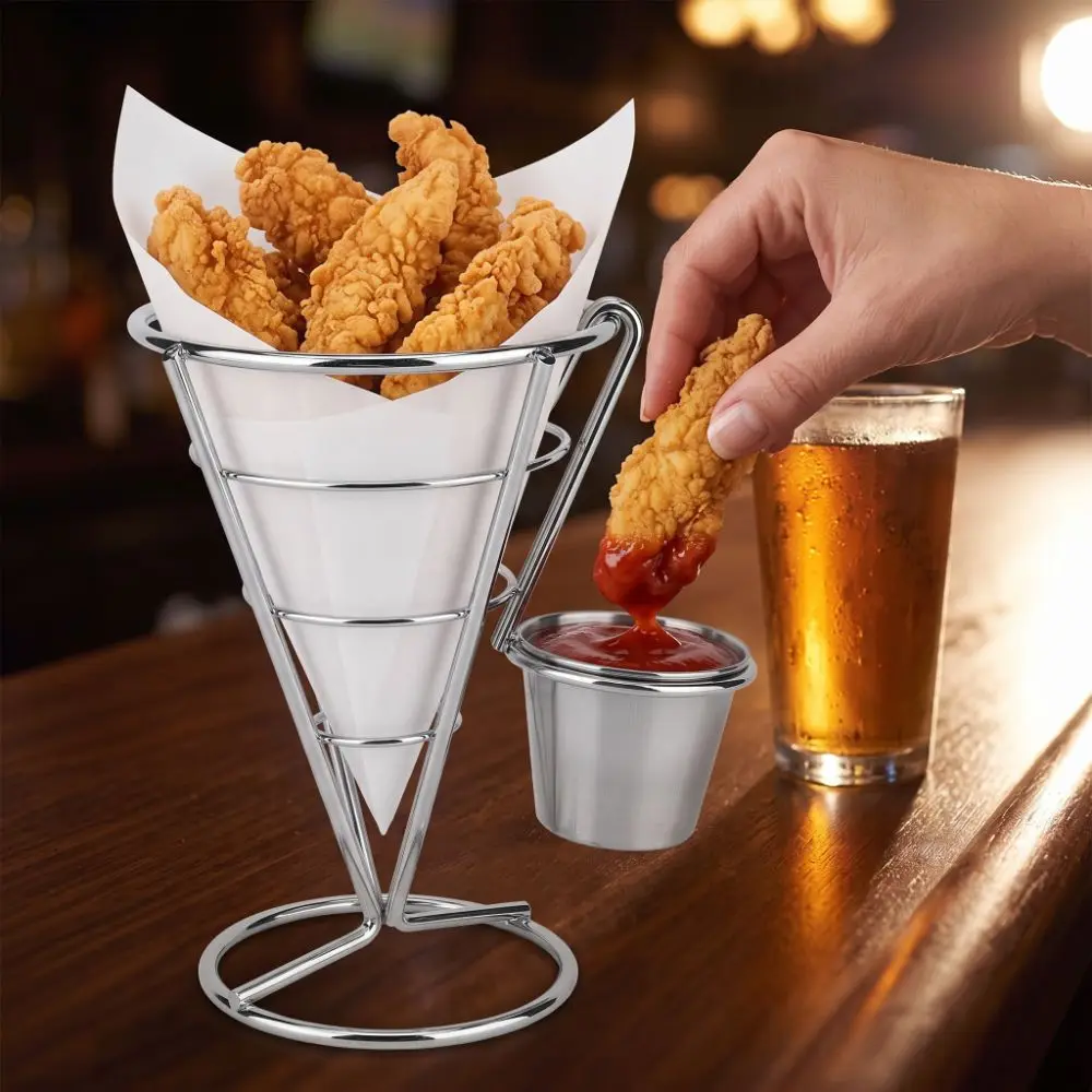 Durable Iron French Fry Cone Holder Sliver Convenient Fries Display Stand Study with Sauce Cup Fries Baskets Home Restaurant