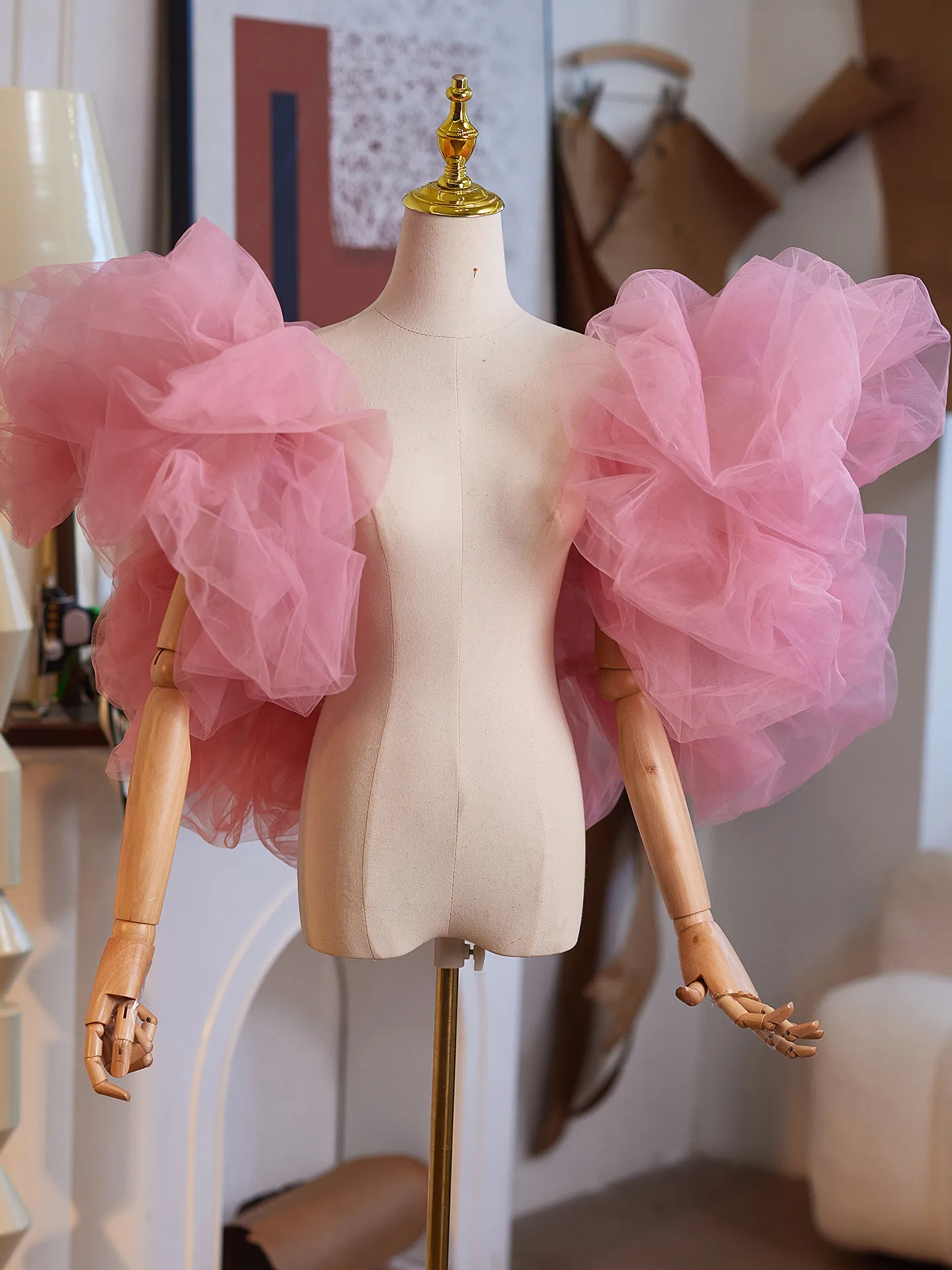 Original Pink Handmade DIY Evening Gown Shoulder Accessories Runway Show Accessories Host Shawl Elegant Fairy Mesh Women Sleeves