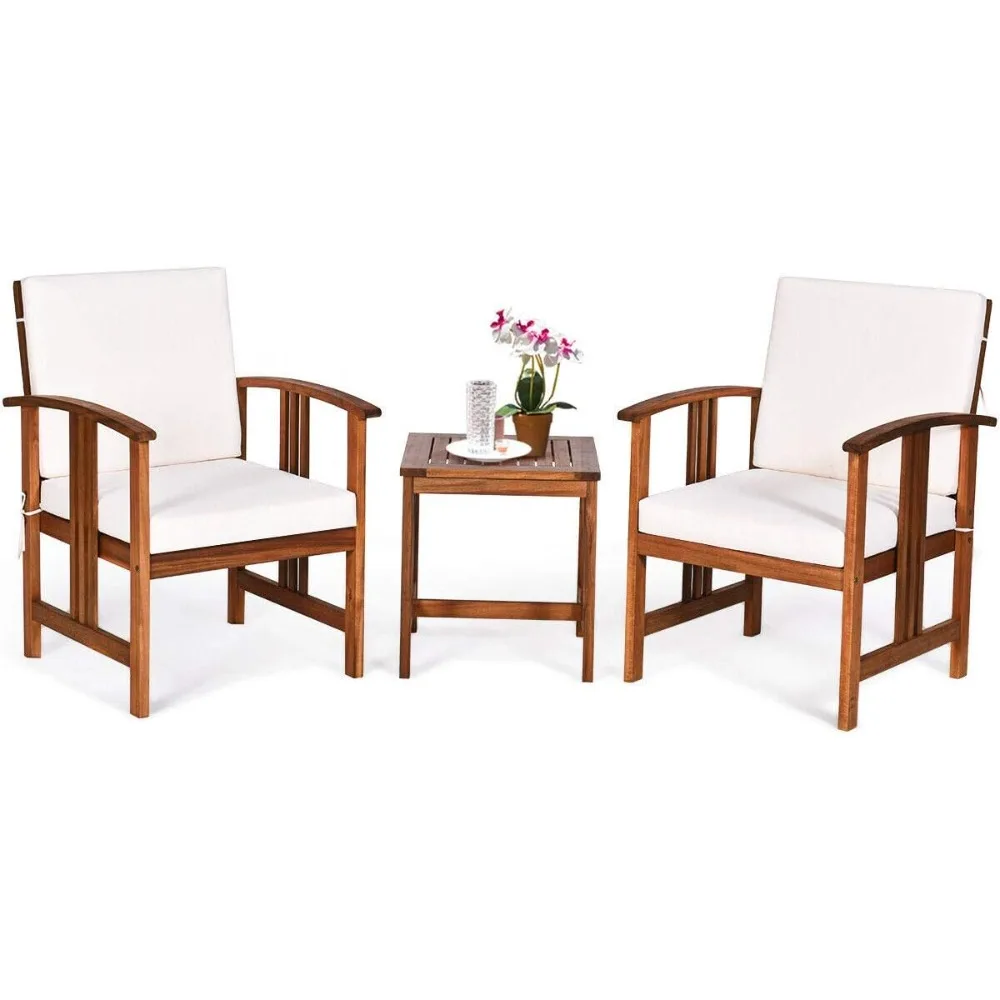 

3-Piece Acacia Wood Patio Set, 2-Person with Cushions and Coffee Table, Outdoor Wood Table Set for Patio, Backyard and Porch, E