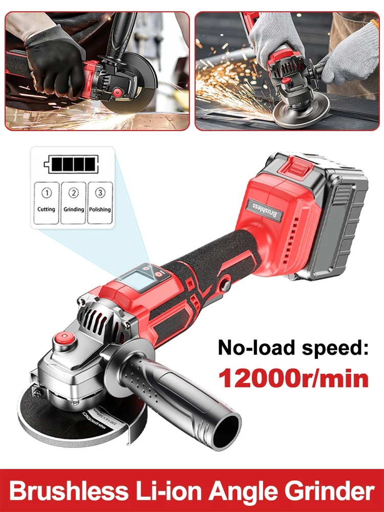 

100mm Brushless Angle Grinder 12000r/min Lithium Battery Powered Cordless Polisher Cutter Woodworking Cutting Machine EU Plug