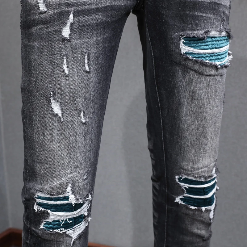 Hombre Fashion New Denim Jeans with Broken Patches, Water Washed Nostalgic Stretch Slim Fit Men's Black Grey Jeans, Designer Hip