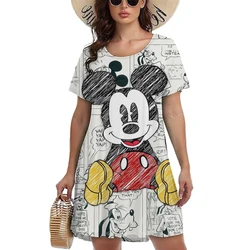 Women's casual dress Disney Mickey Mouse pattern printed women's mini dress fashionable short sleeved O-neck dress women's plus