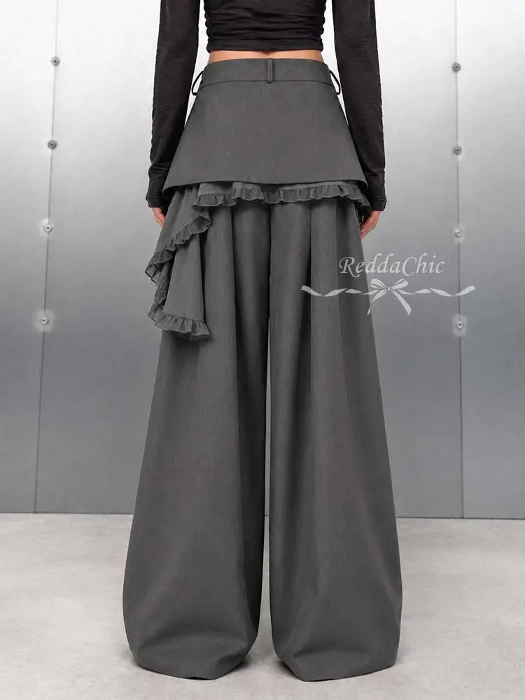 REDDACHiC Women Suit Trousers with Ruffle Skirt Overlay Vintage Low Rise Frilly Straight Baggy Pants Lounge Alternative Clothes