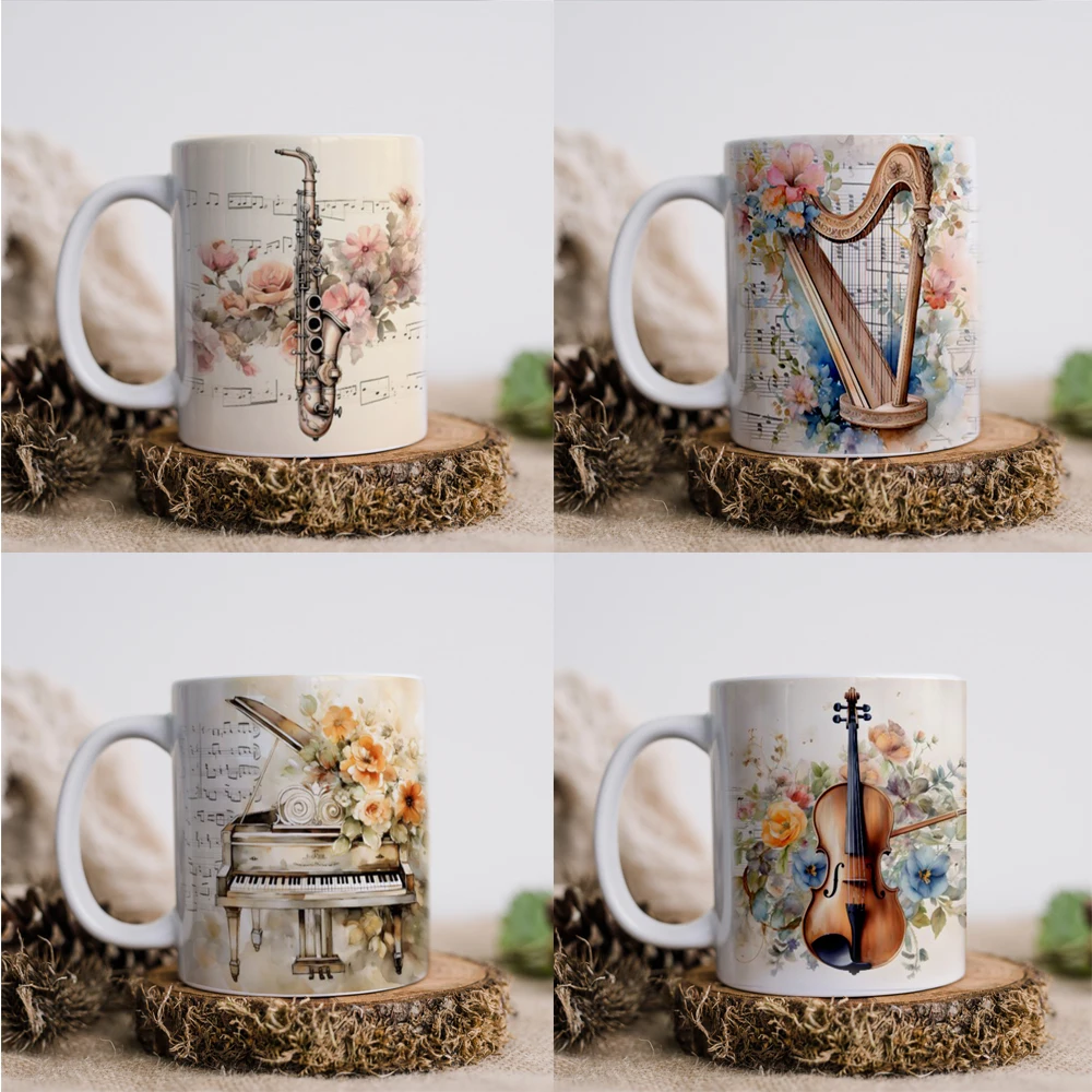 1pc music theme ceramic coffee mug 11oz/325ml Violin, piano, harp, saxophone picture mug friends birthday gift christmas gift