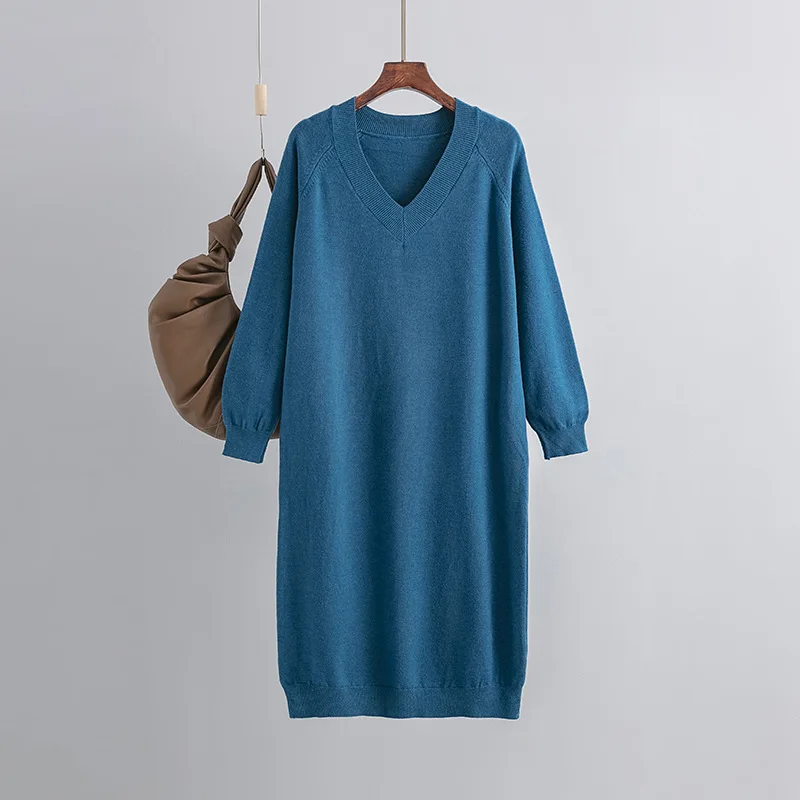 HLBCBG Autumn Winter wool V-NECK Long straight sweater Dress Women Casual oversize Sweater Dresses Maix Thick Basic Knit Dress