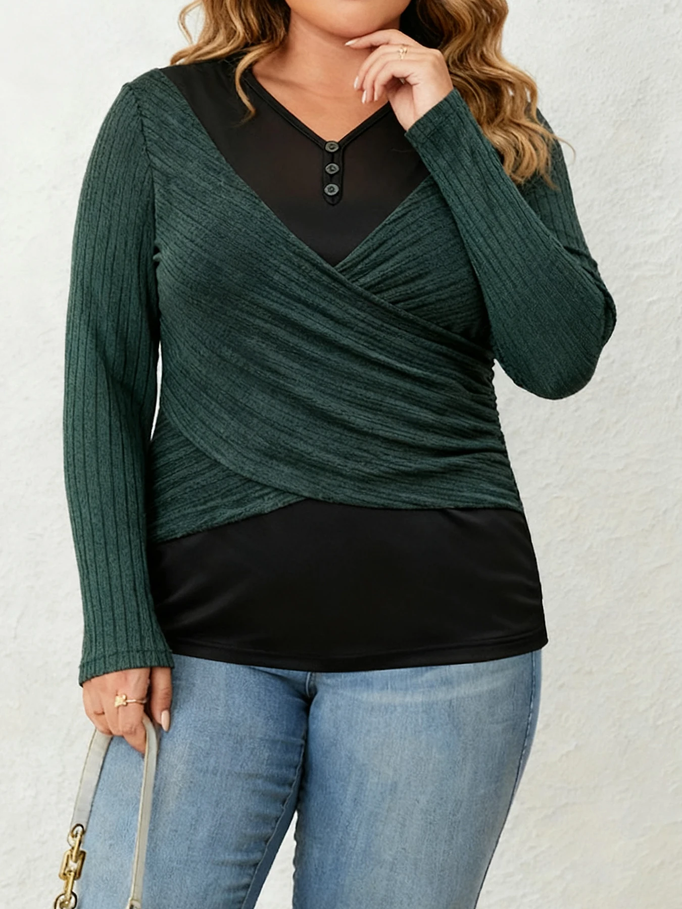 

Женская тонкая офисная блузка больших размеров в европейском стиле из двух частей с перекрестными рюшами и рюшами, сетчатая лоскутная блузка с v-образным вырезом и длинными рукавами