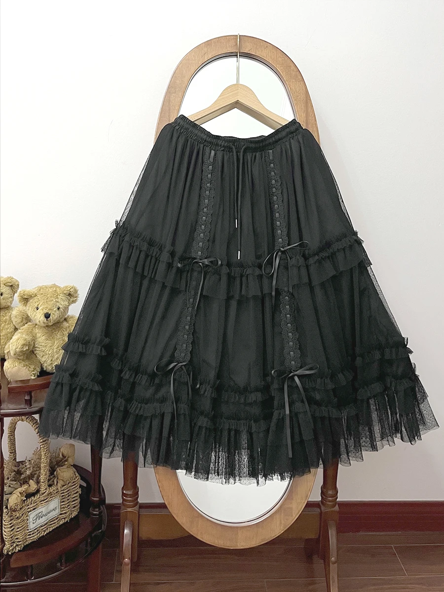 Lolita elegante saias estendidas não saia suporta emenda de renda cintura elástica babados redução de idade saias longas versáteis