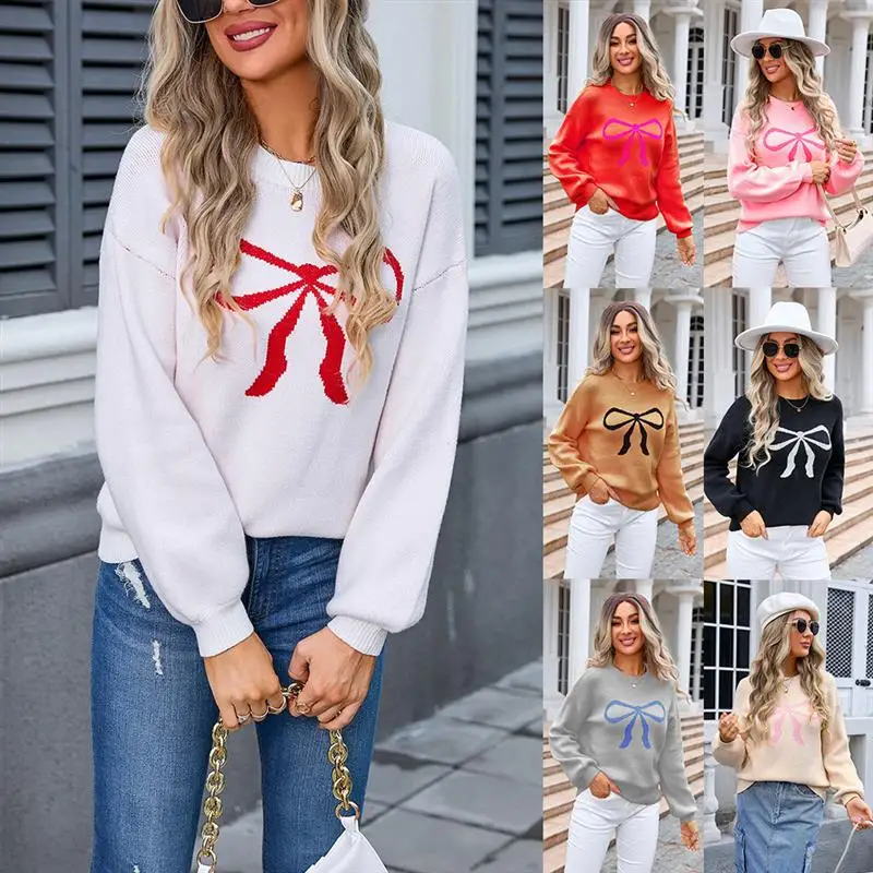 

Модный женский вязаный свитер большого размера с бантом, европейский стиль, стандартная длина, для повседневной носки весной