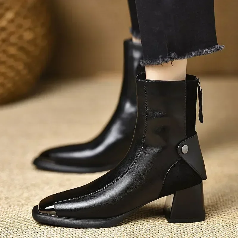 

Women's Fashion Ankle Boots Metal Tip Toe Back Zipper Medium Block Heel Sexy Boots Short Barrel Rubber Sole Leisure Botas Mujer