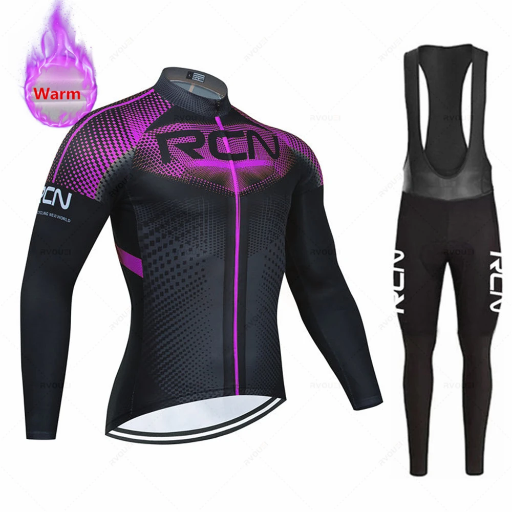 Rcn Winter Thermal Fleece Cycling Jersey Set Men Long Sleeve Ropa Ciclismo Bicycle Clothing Bib Pants Maillot Hombre Bike Jersey