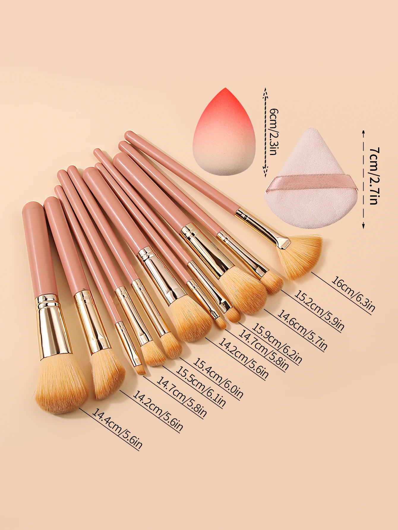 مجموعة فرش مكياج احترافية مكونة من 15 قطعة، 11 فرشاة مكياج للوجه + 4 إسفنجة مكياج غير لاصقة منتفخة لبودرة البيض المثلثة #6