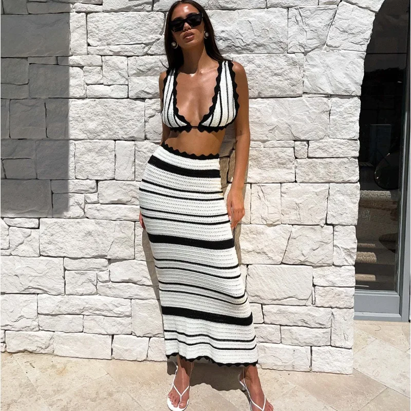 Striped Knitted Beach Two Piece Set Bohemian Style Contrast Color Lace-up Sexy Tank Crop Top Hip Wrap Long Skirt Bikini Set