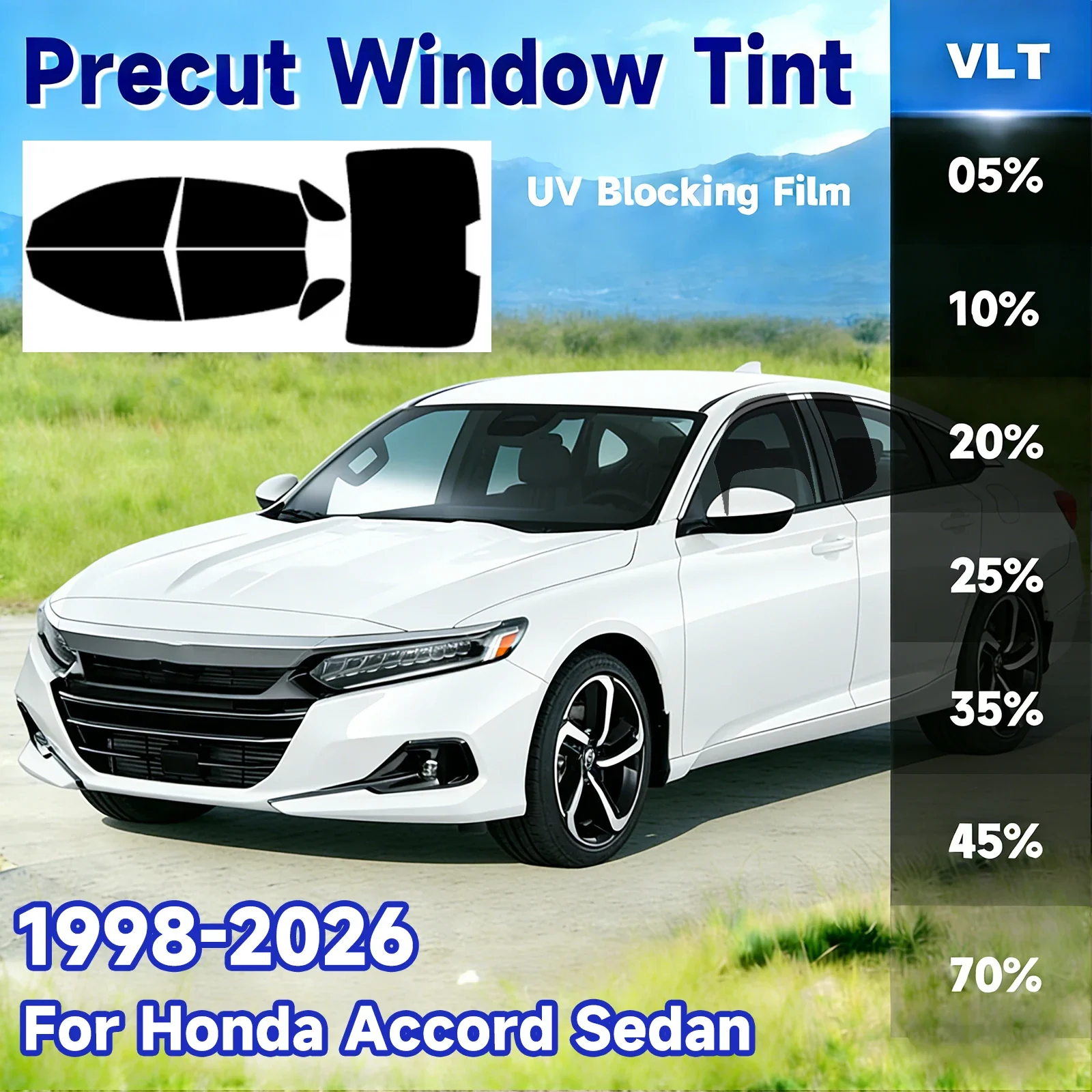 Reusable Removable EPU Precut Window Tint, Custom Fit for Honda Accord Sedan 1998-2026, Automotive UV & Heat Barrier Protection